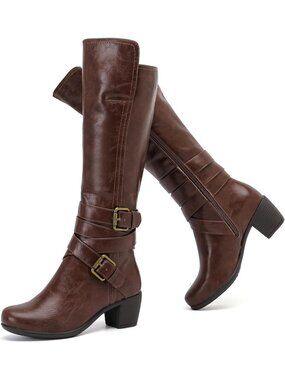 Women's Brown Knee High Boots Chunky Heel Side Zipper Faux Leather Stylish Boots